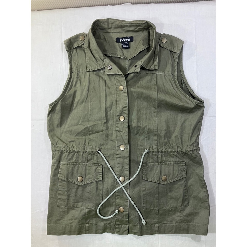 SWAN Olive Green Utility Vest Lightweight Drawstring‎ Waist Pockets Women L